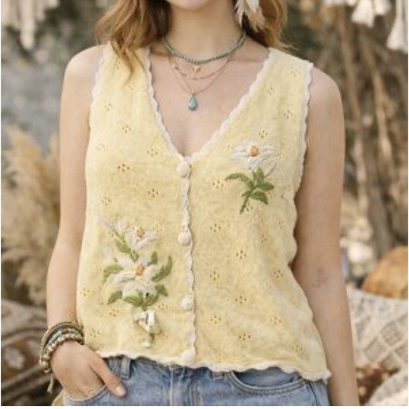 Mandal Bay Sweaters - Mandala Day Yellow Embroidered Floral Vest Rame Cotton Size L/G Boho Chic